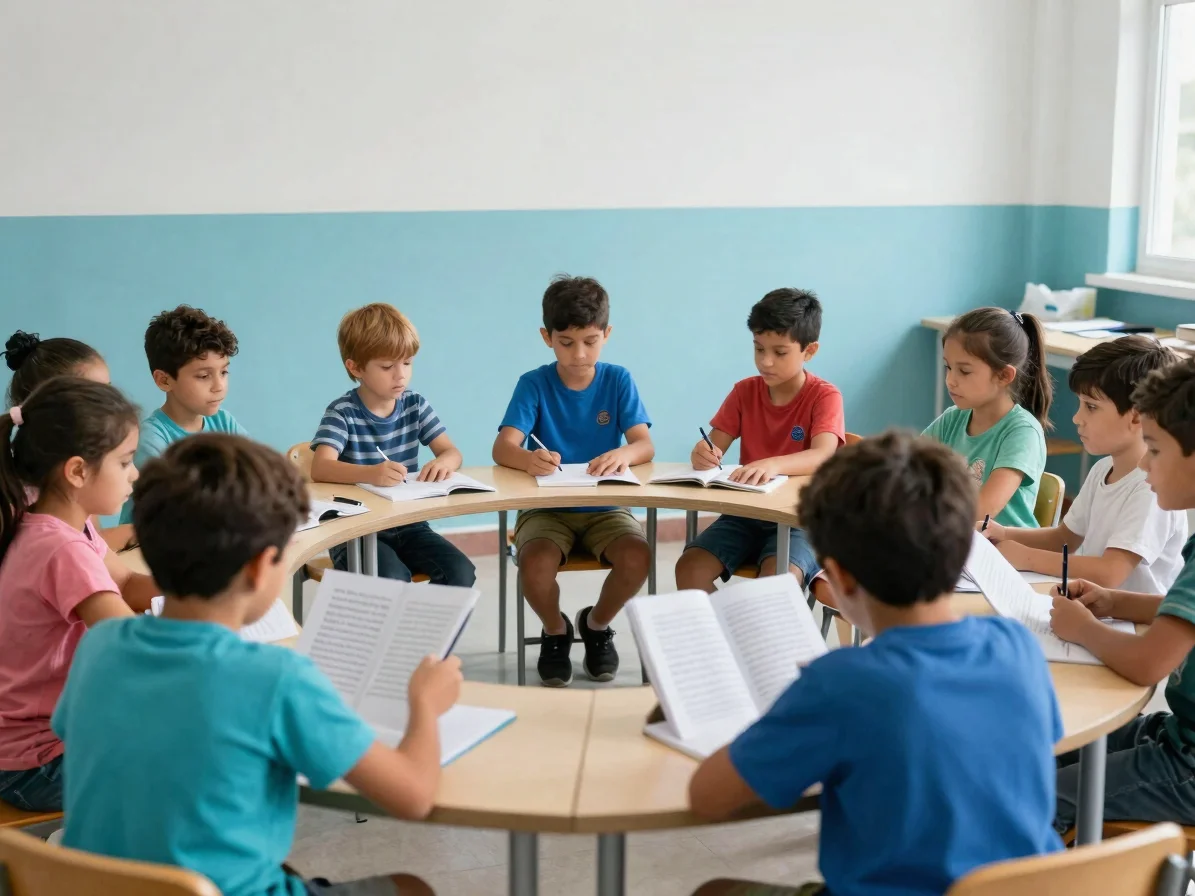 Educadora acompañando a un pequeño grupo de niños en una actividad de conversación en inglés, luz natural suave, encuadr