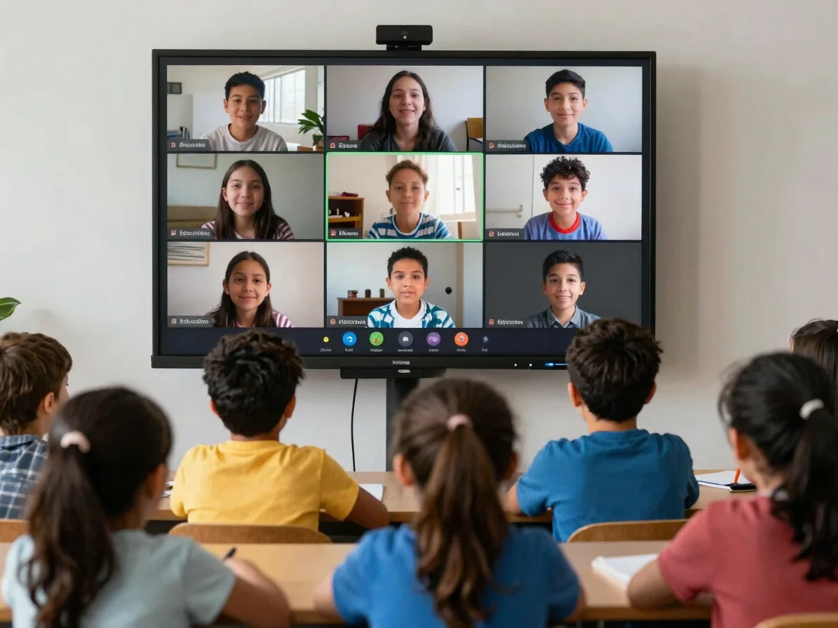Educadora en una teleclase con niños y niñas participando frente a una pantalla, luz natural suave, encuadre documental