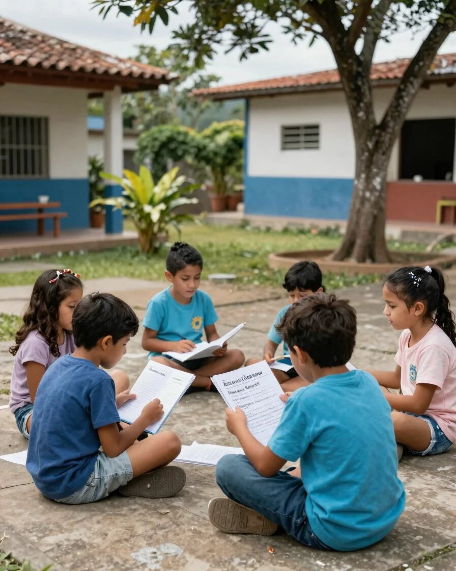Educadora colombiana acompañando a un grupo de niños en una activ