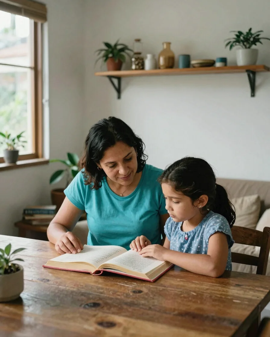 Ambiente doméstico cálido con luz natural suave, madre y niña conversando en inglés con un libro abierto sobre la mesa,
